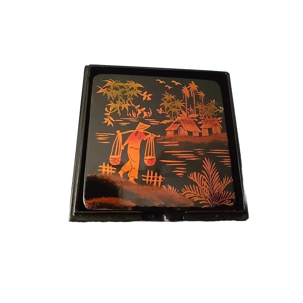 Vintage Japanese Black Lacquerware Coaster Set of 6 and Box / MCM Handpainted